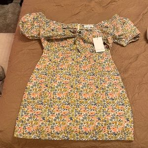 Floral off shoulder mini dress. Sage, coral & cream color.